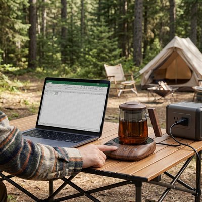 Campeur bouilloire pleine café reste chaud grâce au chauffe tasse 