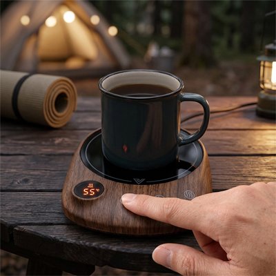 Campeur  choisi température café sur chauffe tasse voyant lumineux