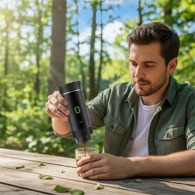 Campeur fait café avec machine a cafe portable​ 