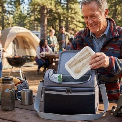 Campeur glisse boite repas dans sac isotherme repas
