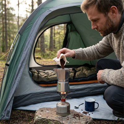 Campeur met café moulu dans cafetiere italienne 