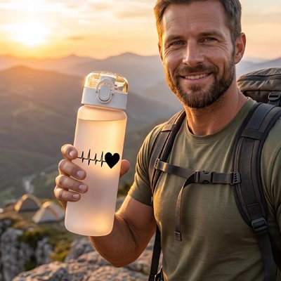 Campeur montagne tient gourde en plastique blanche