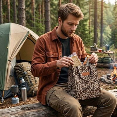 Campeur ouvre sac isotherme repas style léopard