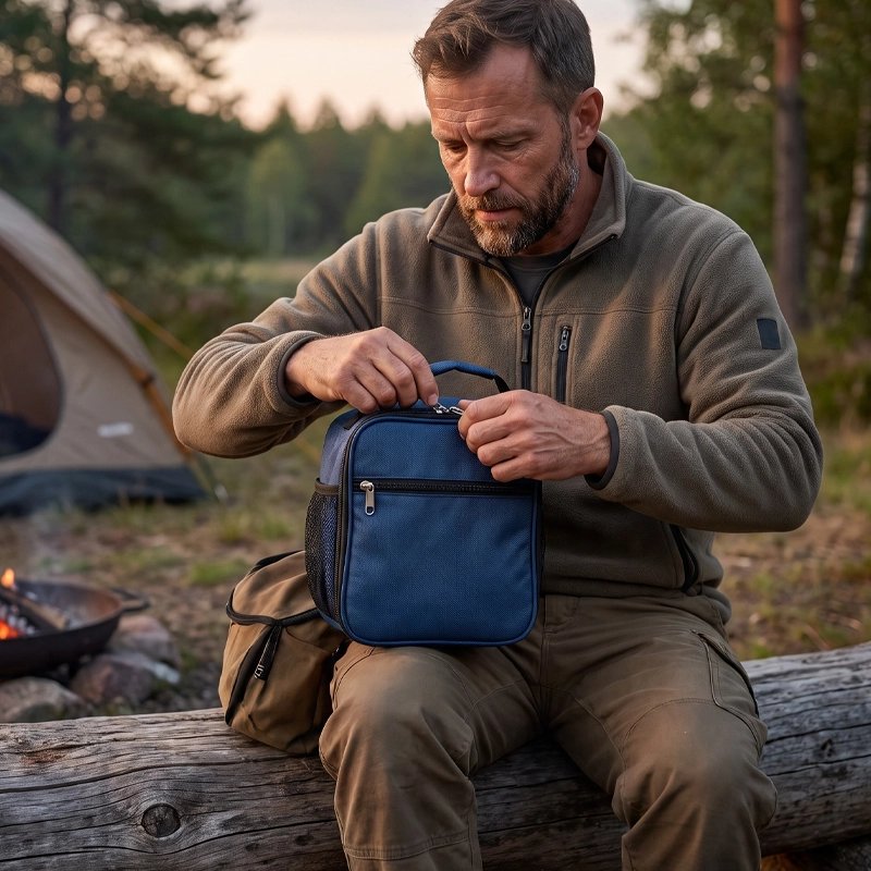 Campeur ouvre sac repas isotherme bleu