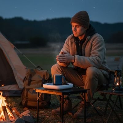 Campeur réchauffe thé sur chauffe tasse blanc