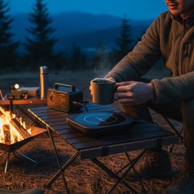 Campeur soir déguste café chaud grâce chauffe tasse 
