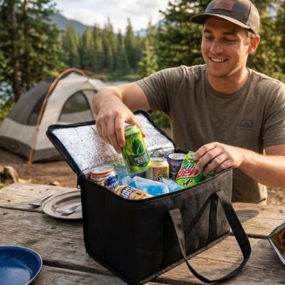 Campeur sort boissons froides du sac isotherme noir