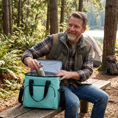 Campeur sort gourde du sac isotherme repas bleu ciel