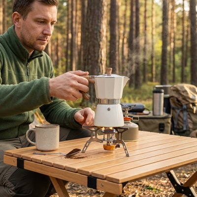 Campeur tient cafetiere italienne blanche par poignée ergonomique