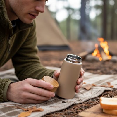 Campeur tient gobelet isotherme marron ouvert