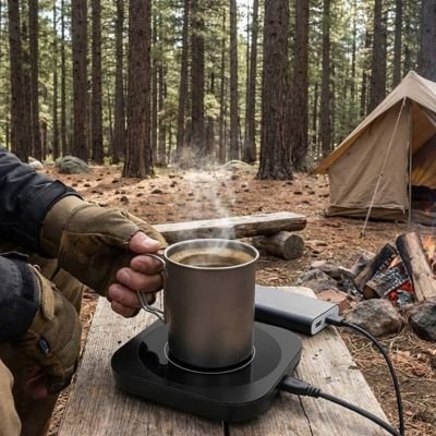 Campeur tient mug inox sur chauffe tasse noir