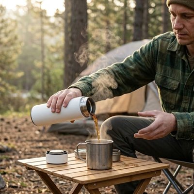 Campeur verse café tasse de bouteille isotherme