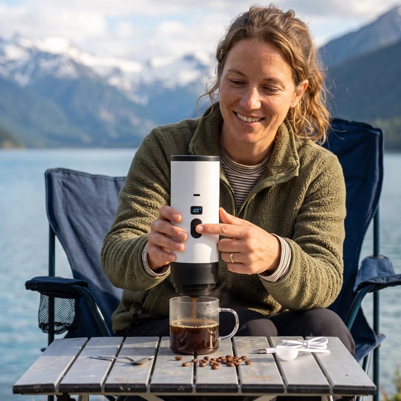 Campeuse appuie bouton verse café avec cafetiere portable blanche 