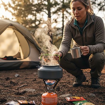 Campeuse avec bouilloire de voyage sur réchaud au gaz