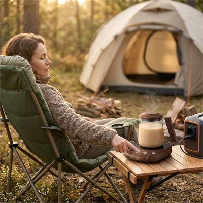 Campeuse avec bouilloire sur chauffe tasse pour garder boisson chaude
