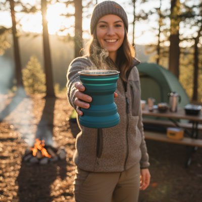 Campeuse avec gobelet pliable bleu