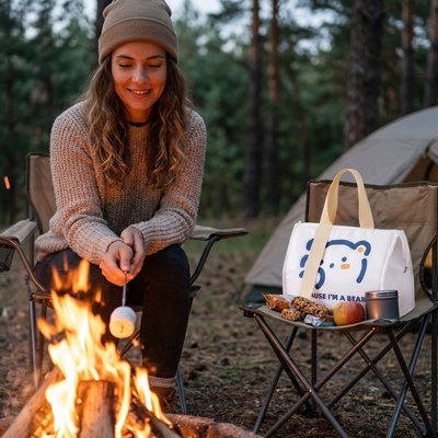 Campeuse avec sac isotherme blanc sur table pique-nique