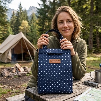 Campeuse avec sac isotherme repas bleu à pois blancs