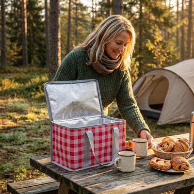 Campeuse avec sac isotherme rouge à carreaux rouges et blancs table