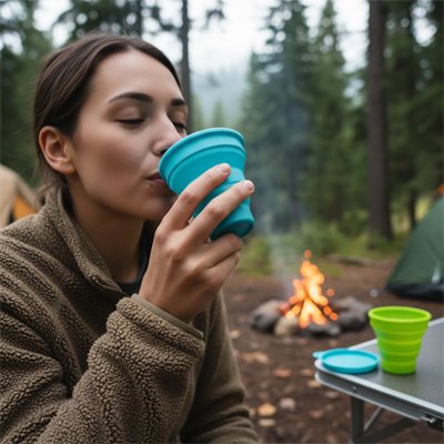 Campeuse boit avec gobelet pliable bleu