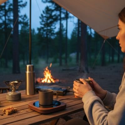 Campeuse déguste café chaud grâce chauffe tasse texture bois