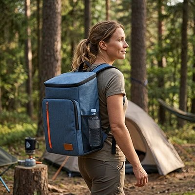 Campeuse porte sac à dos isotherme bleu grâce aux sangles dorsales