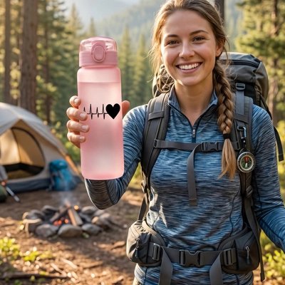 Campeuse prête pour randonnée avec gourde en plastique rose