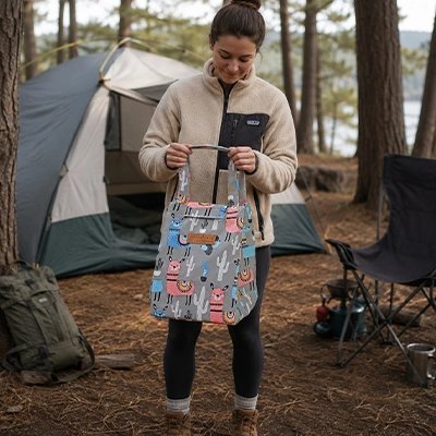 Campeuse tient sac isotherme repas gris rose et bleu