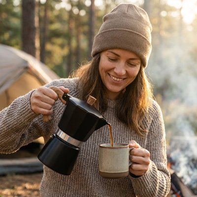 Campeuse verse café avec cafetiere italienne noire