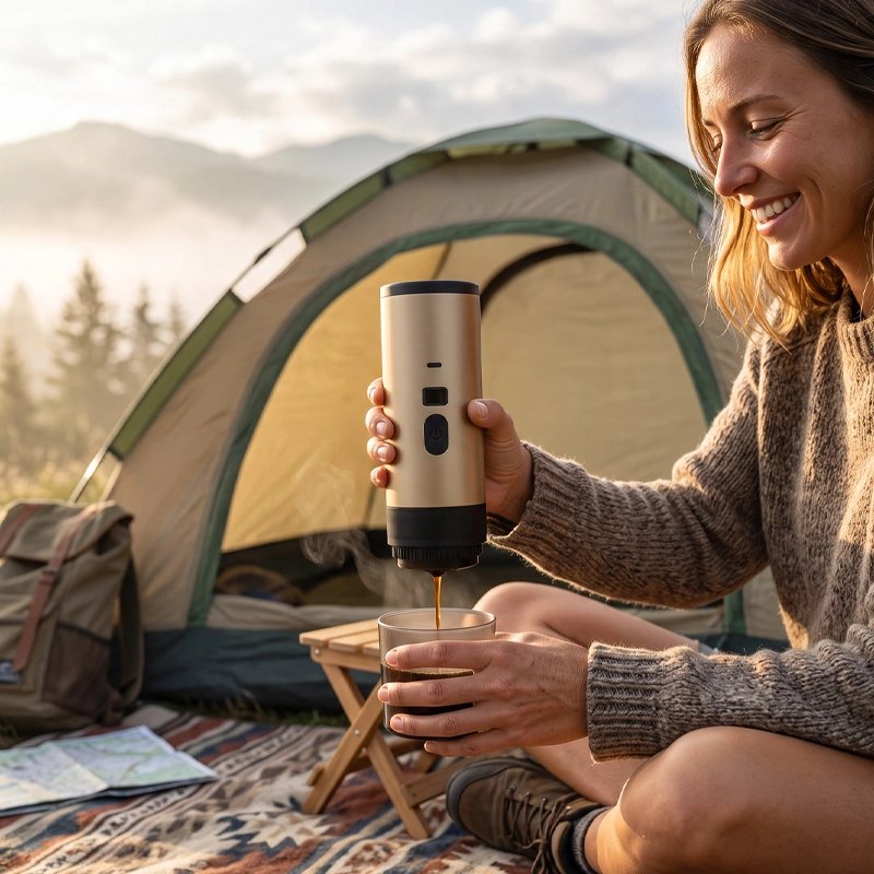 Campeuse verse café matin avec cafetiere portable marron