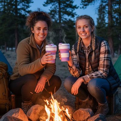 Campeuses avec chacune un gobelet pliable mauve