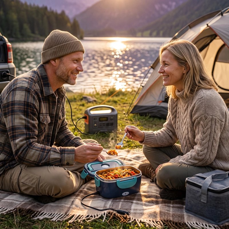 Couple campeurs partage repas chaud grâce lunch box chauffante