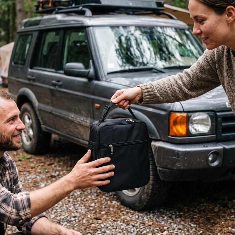 Couple camping avec sac repas isotherme noir