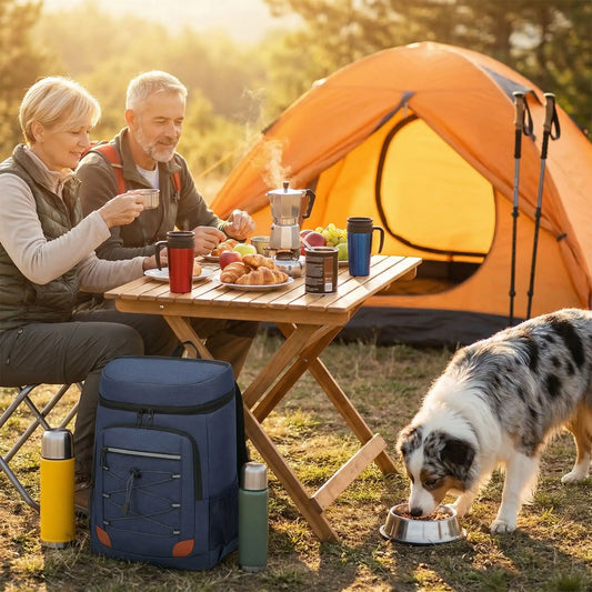 couple déjeune avec sac a dos glaciere isotherme bleu camping