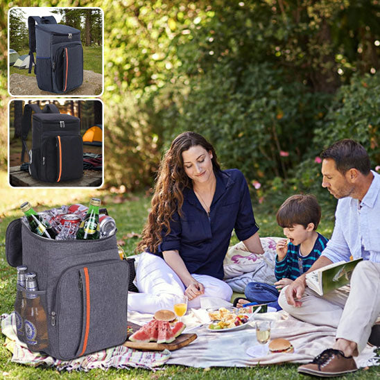 Couple et enfant pique-nique avec sac à dos isotherme