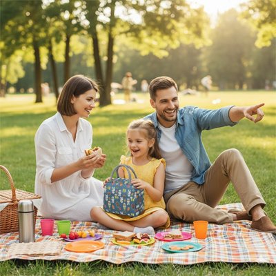 Couple et fillette avec sac isotherme pique-nique