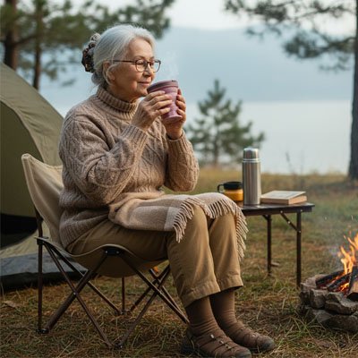 Dame âge respectable boit avec gobelet pliable rose camping