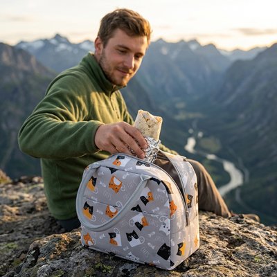 Déjeuner montagne avec sac isotherme repas gris motifs animaux 
