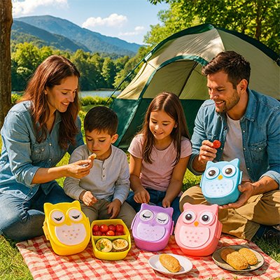 Famille camping avec lunch box enfant en plusieurs couleurs