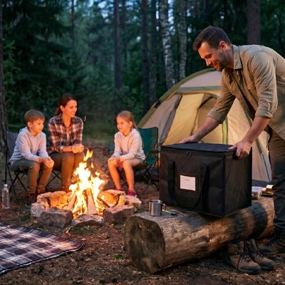 Famille camping soir papa sort nourriture sac isotherme 70 L