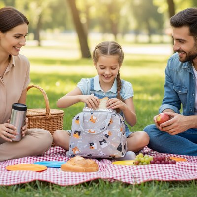 Famille déjeune dehors avec sac isotherme