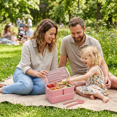 Famille lunch box rose ouverte sur premier niveau pique-nique parc