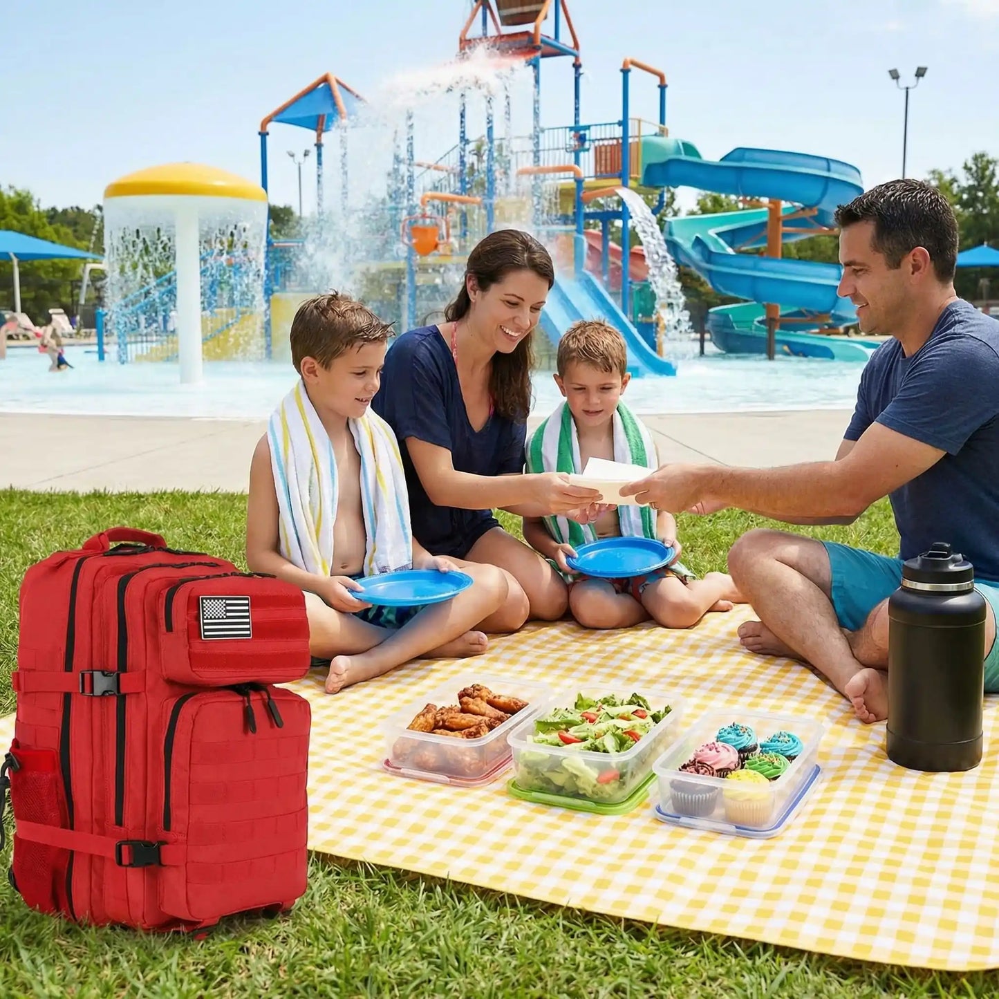famille pique-nique herbe sac à dos isotherme