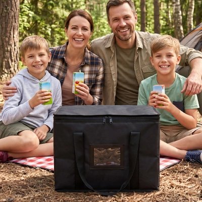 Famille pique-nique sac isotherme noir au sol dans bois
