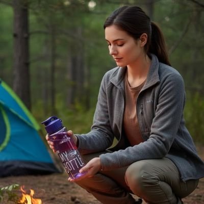 Femme accroupie feu camping tient gourde plastique violette