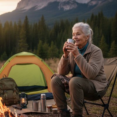 Femme âge respectable boit avec gobelet pliable camping