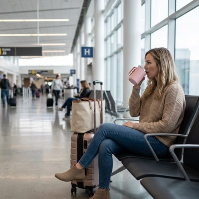 Femme assise aéroport boit tasse isotherme rose