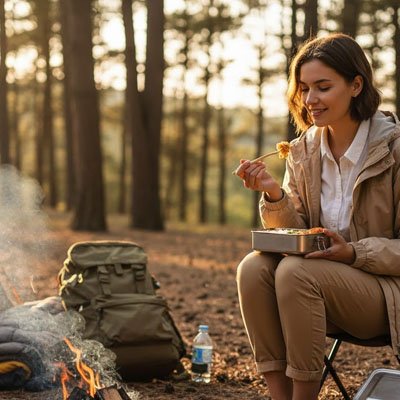 Femme assise avec lunch box forêt
