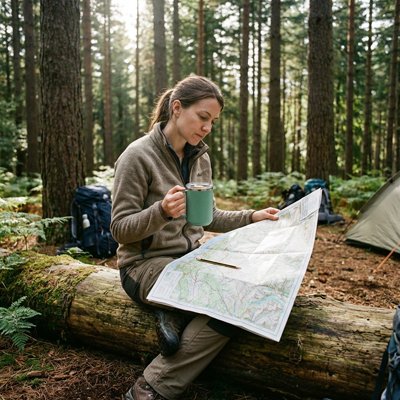 Femme assise avec tasse isotherme verte camping