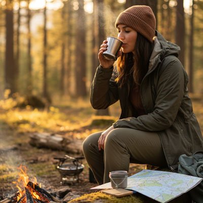 Femme assise dehors boit avec gobelet pliable forêt